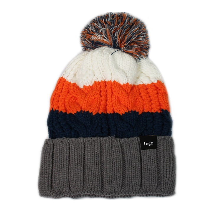 Striped Chunky Cable Knit Cuffed Pom Pom Beanie Hat