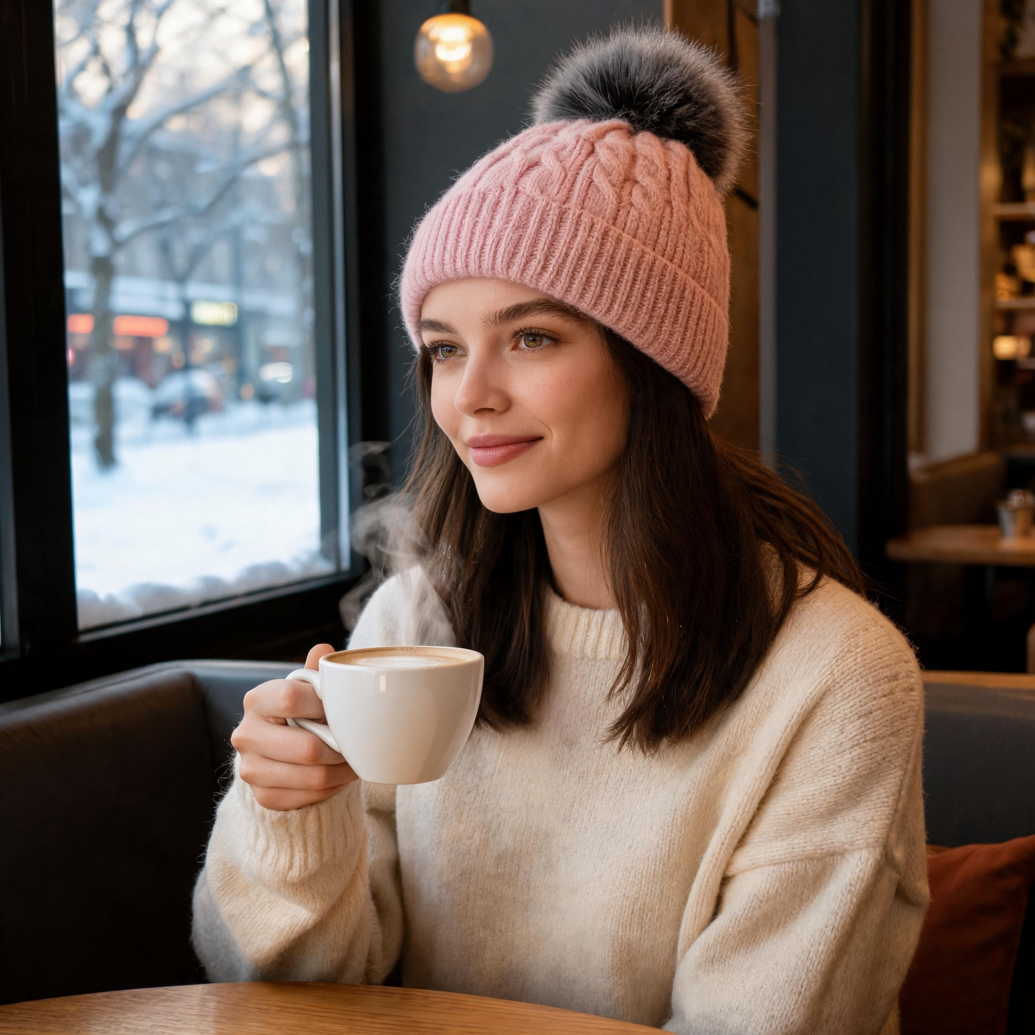 Women's Winter Cable Knit Cuffed Beanie Hat with Faux Fur Pom Pom