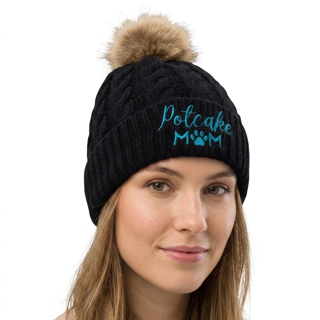 Cable Knit Beanie Hat with Faux Fur Pom Pom, Cuffed Winter Hat with Embroidered Logo