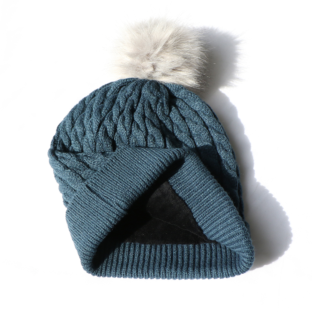 Teal Cable Knit Cuffed Beanie with Faux Fur Pom Pom