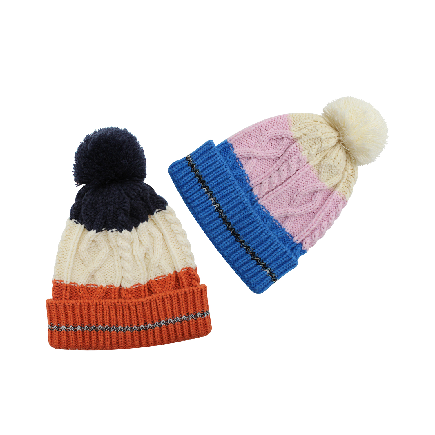 Color Block Cable Knit Pom Pom Beanie Hat
