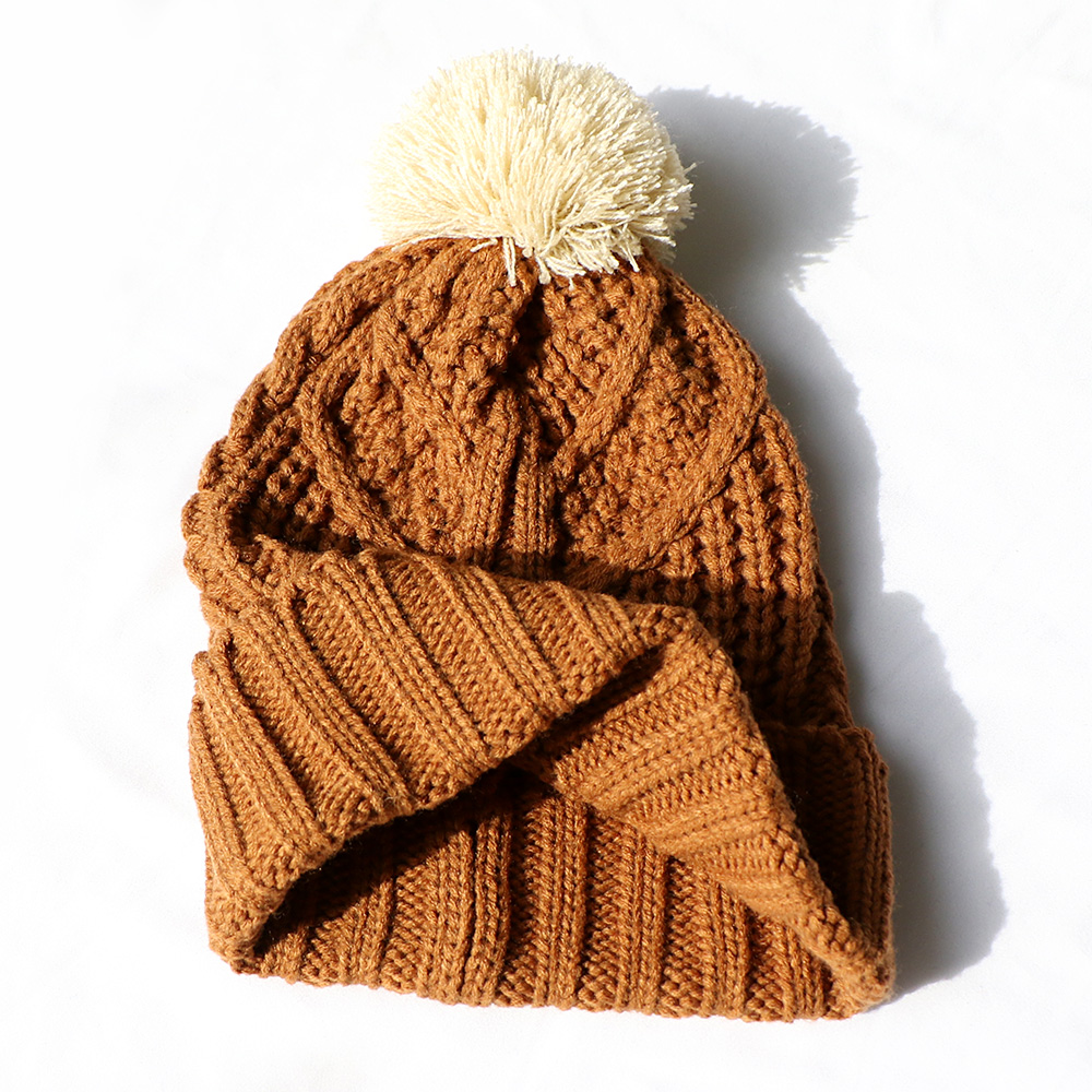 Caramel Cable Knit Cuffed Beanie with Cream Pom Pom