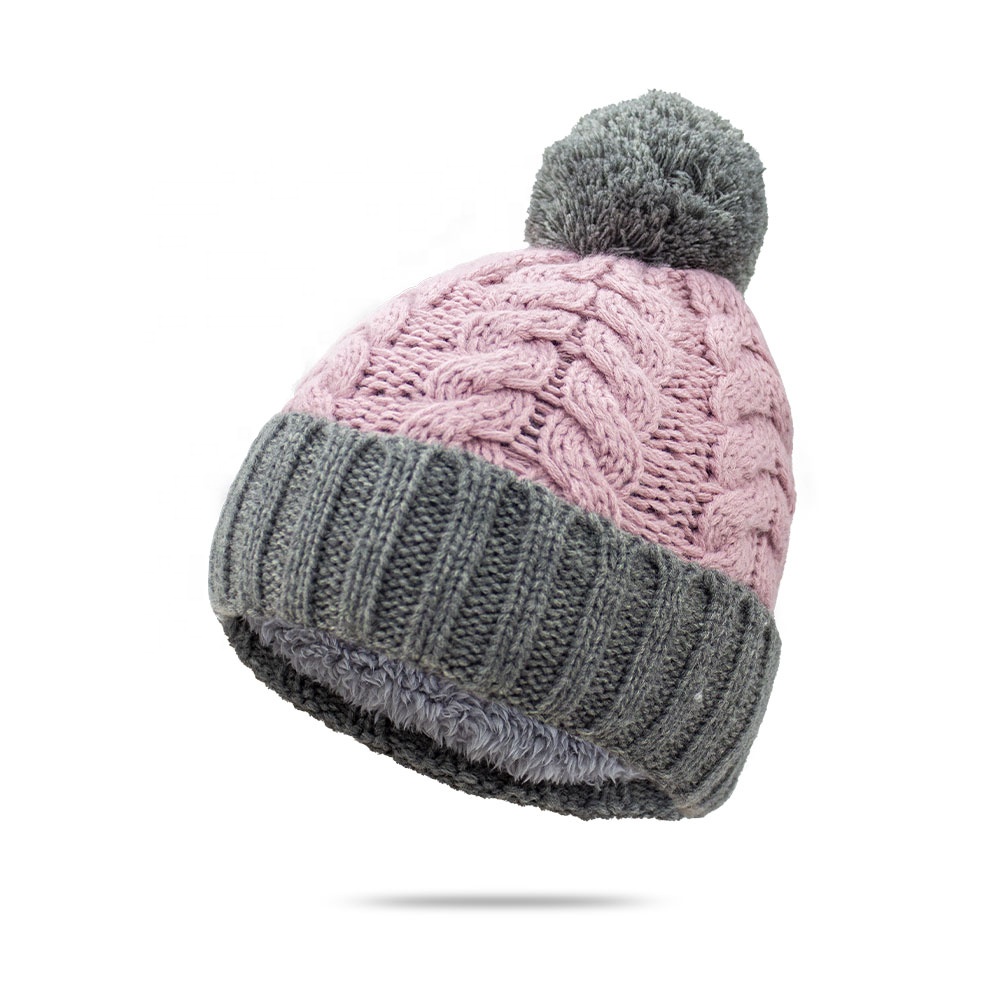 Pink and Gray Cable Knit Cuffed Pom Pom Winter Beanie