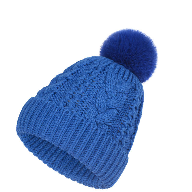 Cable Knit Cuffed Winter Beanie with Faux Fur Pom Pom