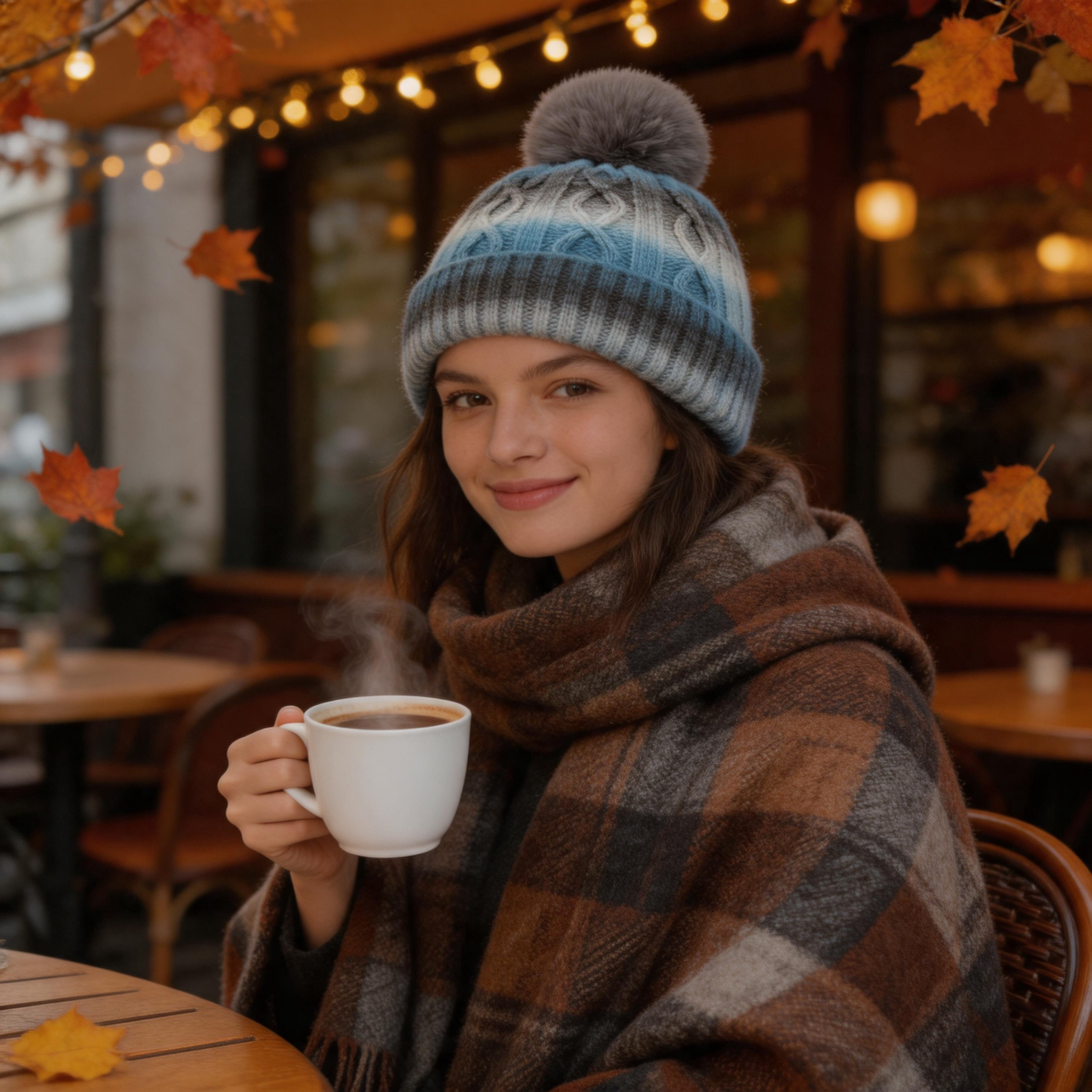 Ombre Cable Knit Cuffed Beanie with Oversized Faux Fur Pom Pom and Soft Lining – Gray Blue Mustard Pastel Multicolor Winter Hat