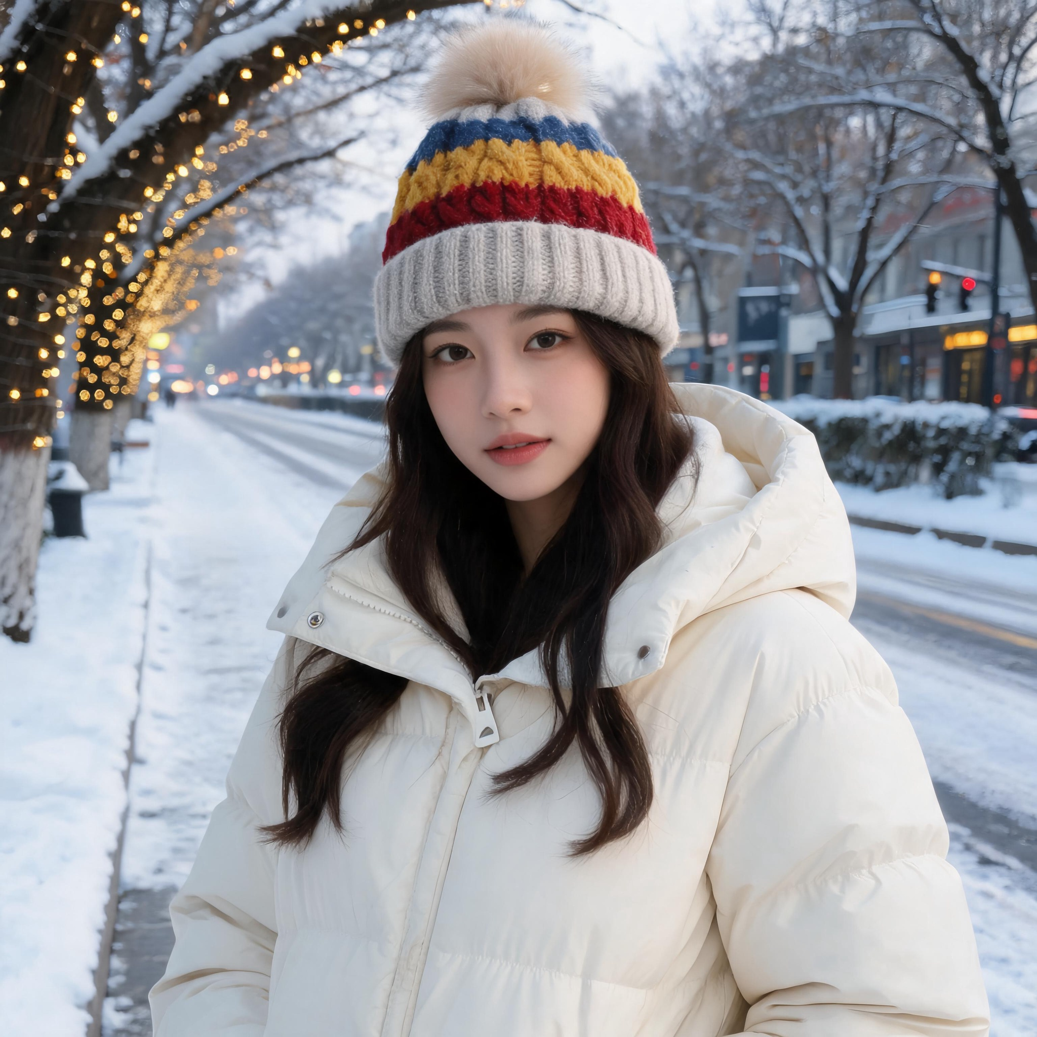 Color Block Cable Knit Winter Beanie Hat with Oversized Faux Fur Pom Pom and Ribbed Foldover Cuff
