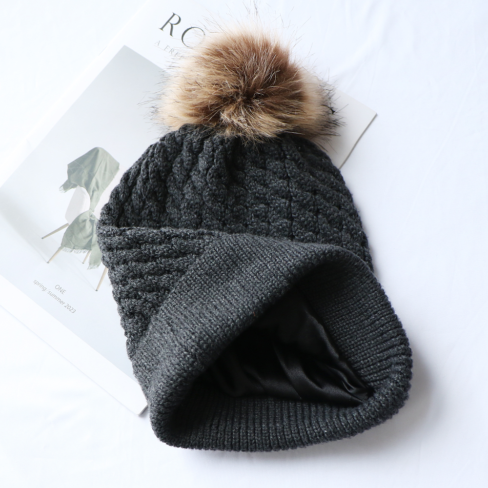Charcoal Textured Knit Beanie with Fluffy Pom and Folded Brim