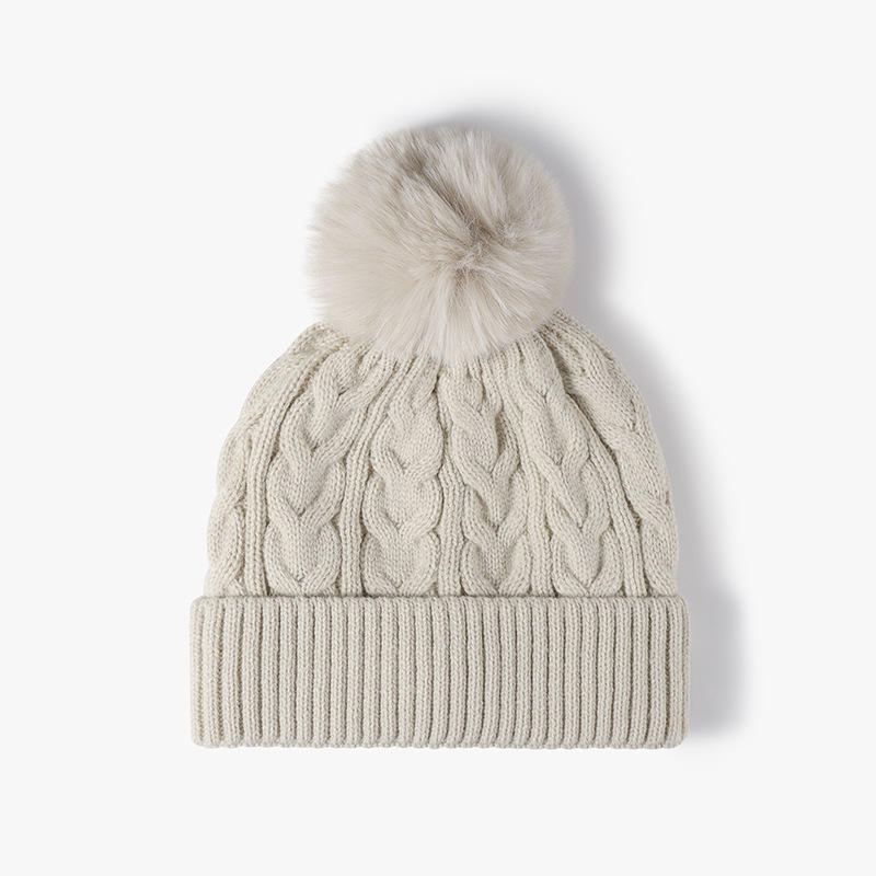 Cable Knit Cuffed Beanie Hat with Faux Fur Pom Pom