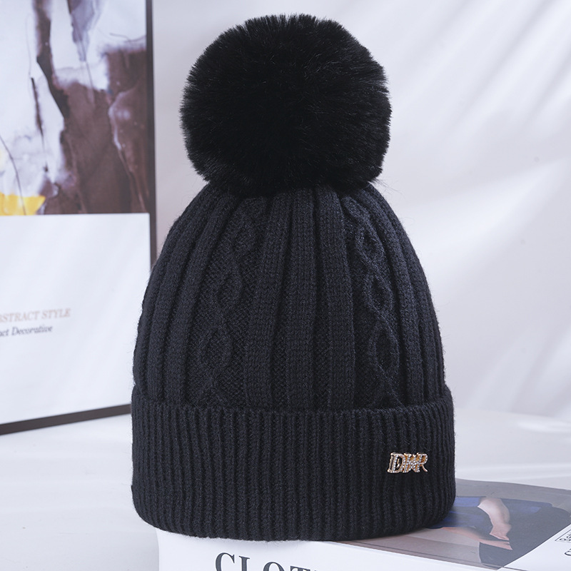 Women's Winter Ribbed Knit Beanie with Faux Fur Pom Pom