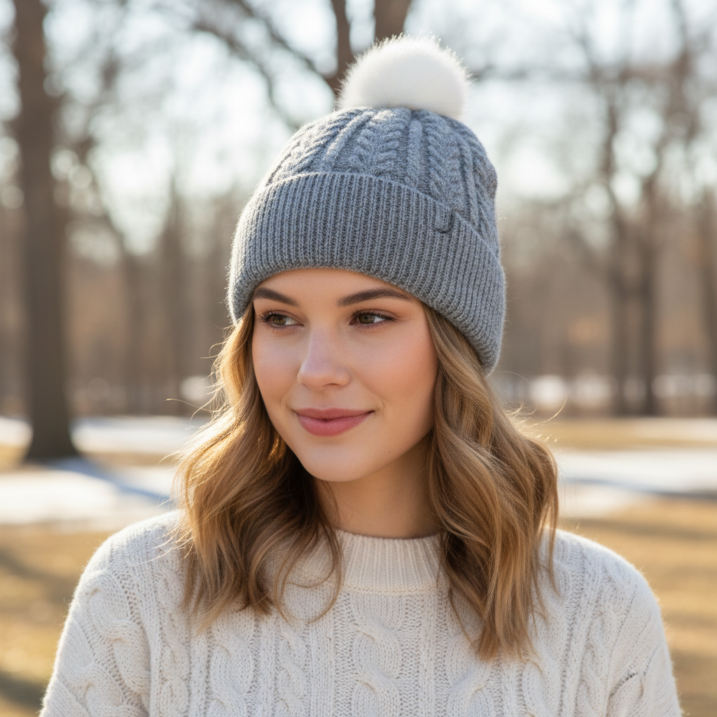 Winter Cable Knit Beanie with Faux Fur Pom Pom for Women