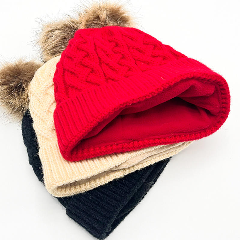 Warm Cable Knit Beanie Hat with Faux Fur Pom Pom Cuffed Winter Cap