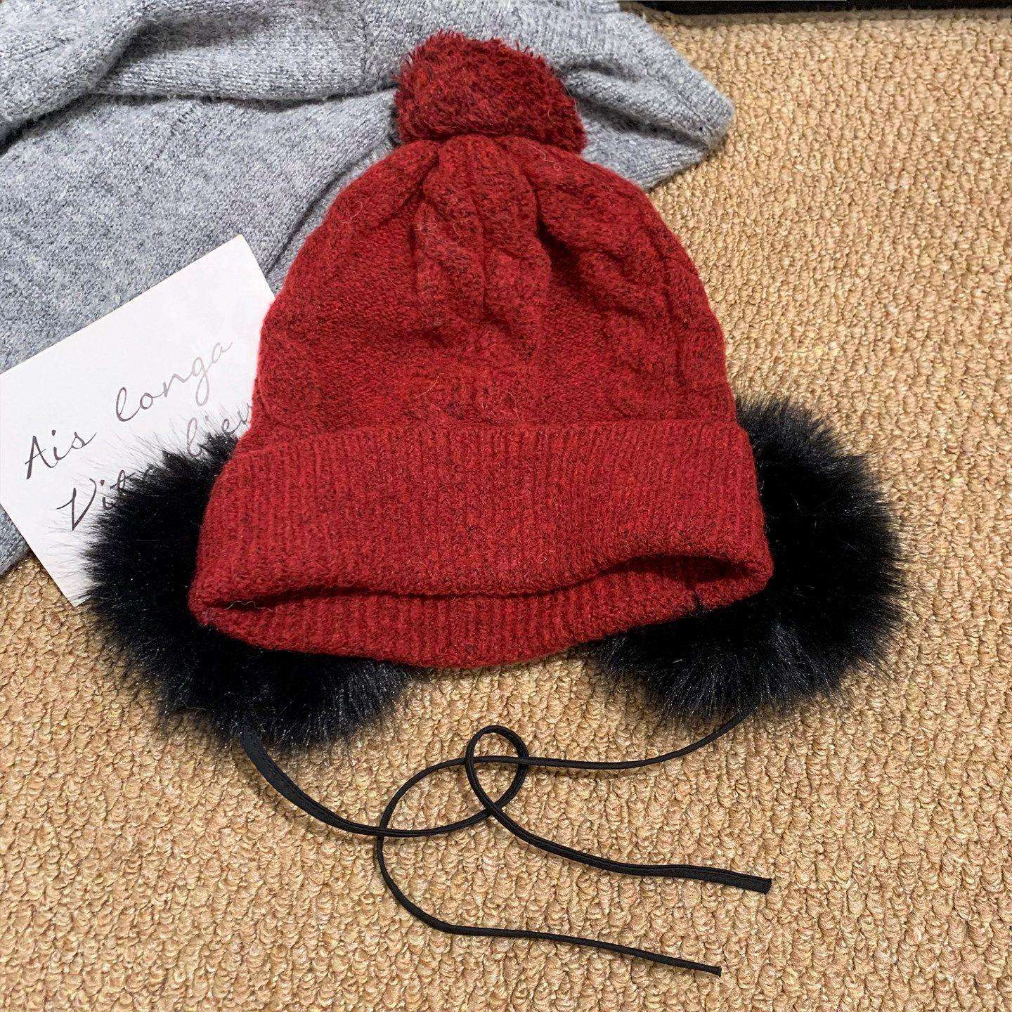 Winter Cable Knit Beanie Hat with Faux Fur Side Pom Poms and Cuffed Design