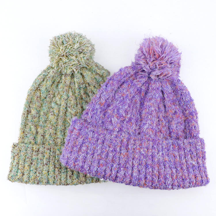 Heathered Purple and Sage Chunky Knit Pom Pom Cuffed Beanie