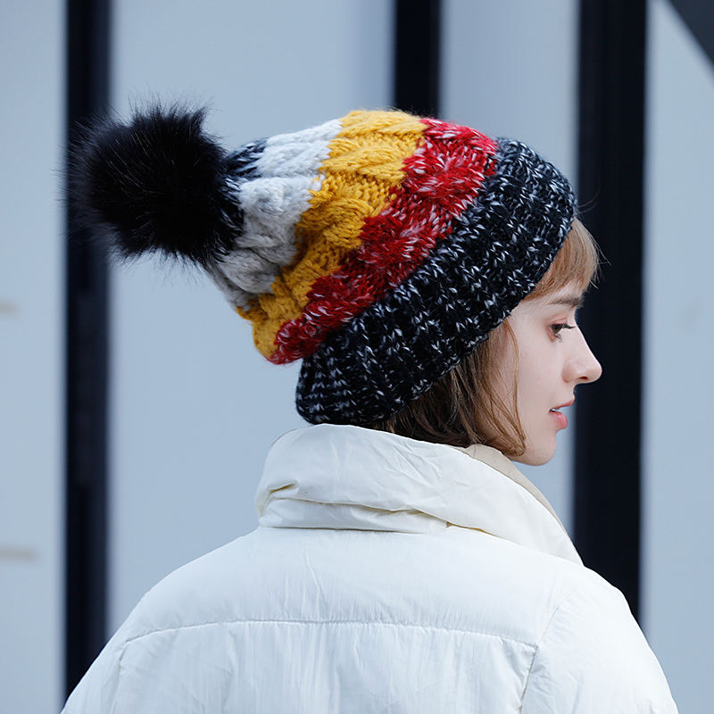 Color Block Cable Knit Winter Beanie Hat with Oversized Faux Fur Pom Pom and Ribbed Foldover Cuff
