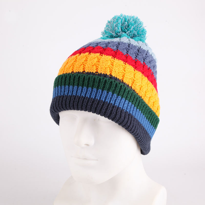 Multicolor Cable Knit Cuffed Pom Pom Beanie Hat