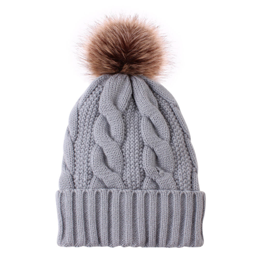 Women's Winter Cable Knit Pom Pom Beanie with Faux Fur Ball
