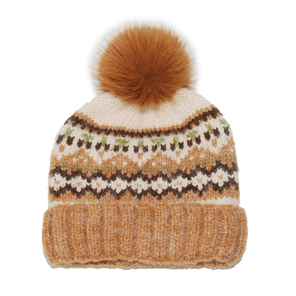 Nordic Fair Isle Winter Knit Beanie with Faux Fur Pom Pom