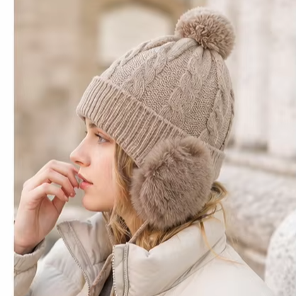 Winter Cable Knit Beanie Hat with Faux Fur Side Pom Poms and Cuffed Design