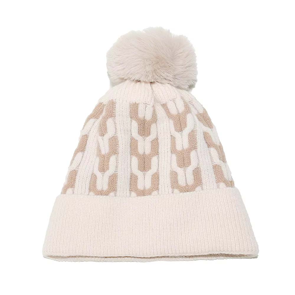 Winter Faux Fur Pom Pom Knitted Beanie Hat for Women Soft Warm Cuffed Skull Cap