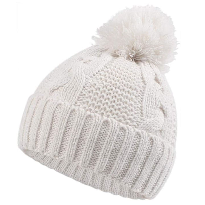Soft Cable Knit Pom Pom Beanie Hat with Ribbed Cuff Winter Warm Knitted Cap