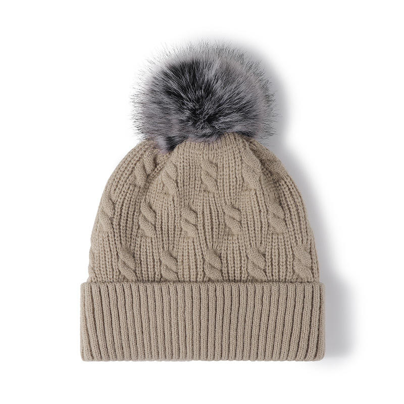 Women's Winter Cable Knit Cuffed Beanie Hat with Faux Fur Pom Pom