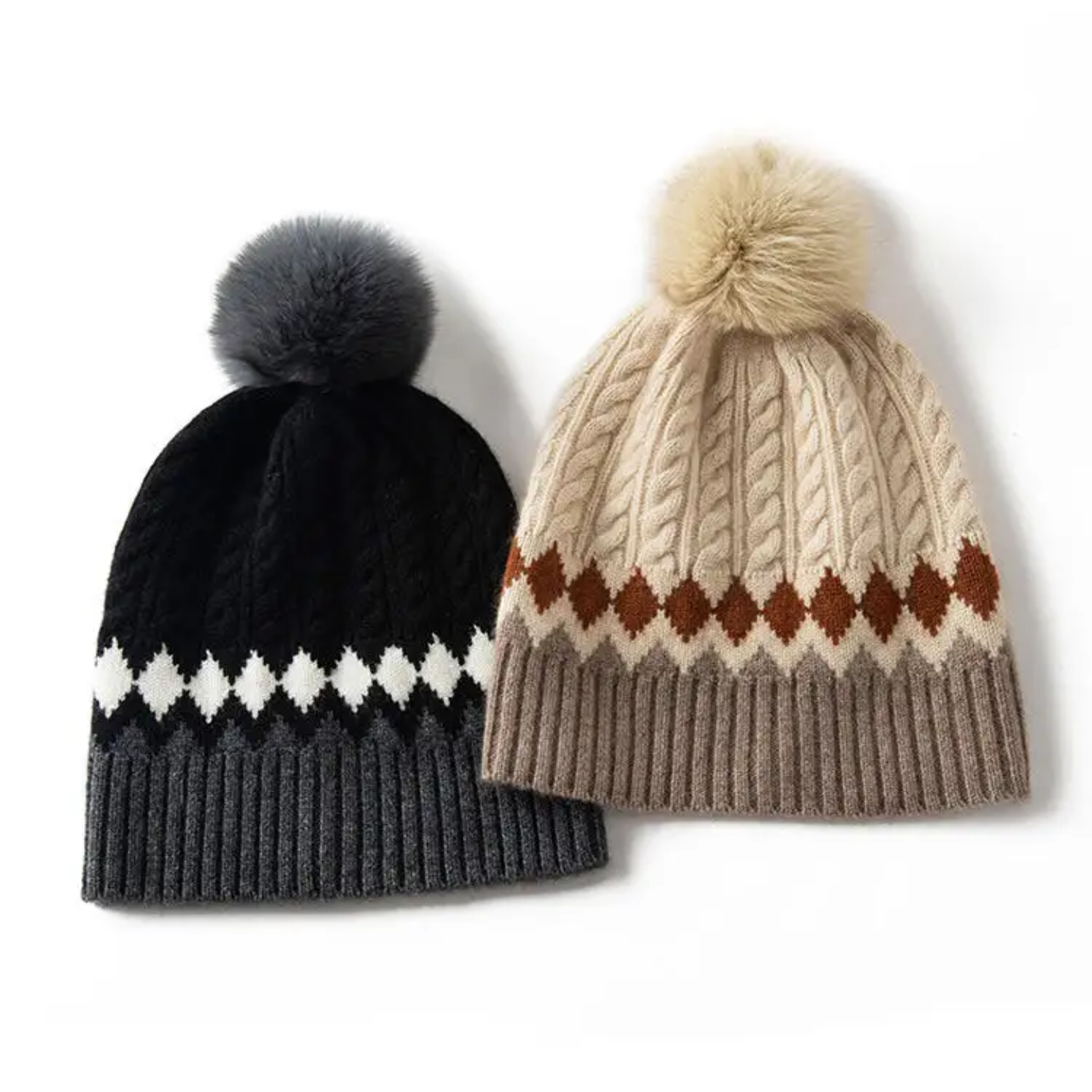 Winter Cable Knit Cuffed Pom Pom Beanie with Faux Fur Ball