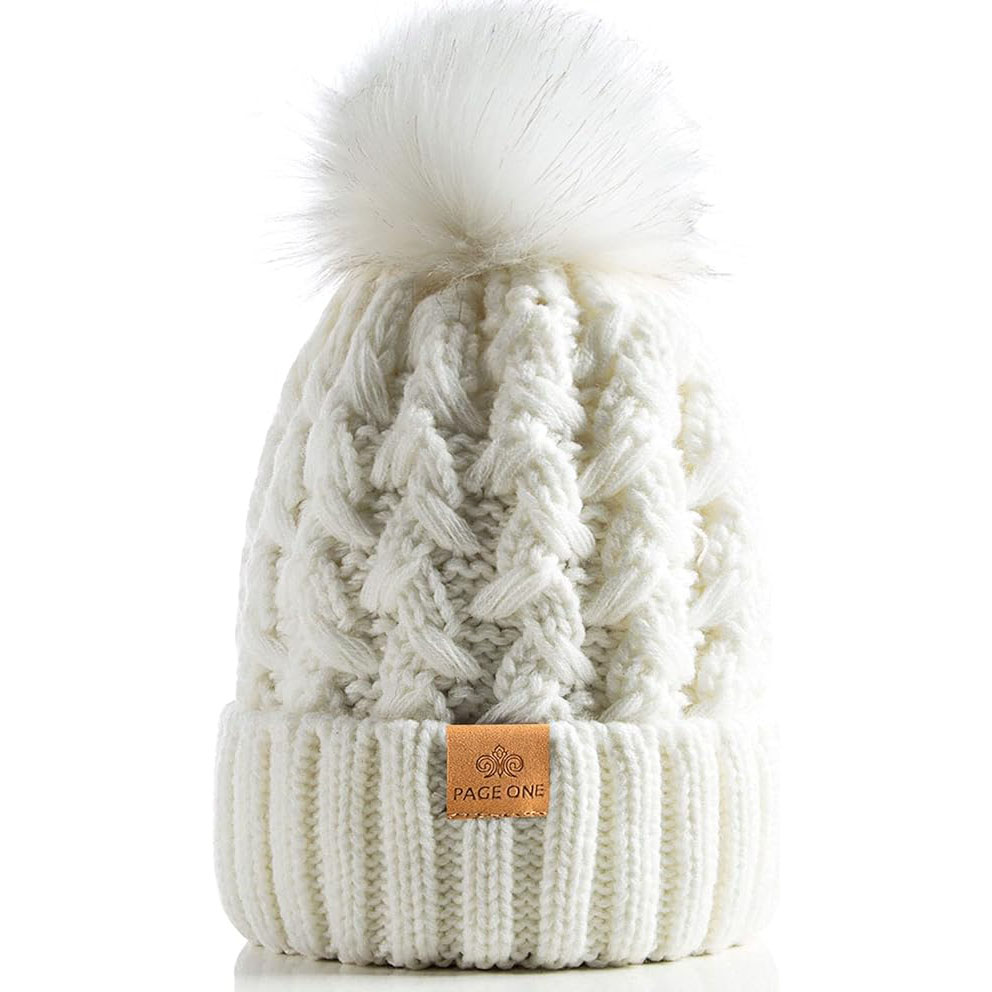 Winter Cable Knit Beanie with Faux Fur Pom Pom Thick Cuffed Warm Hat