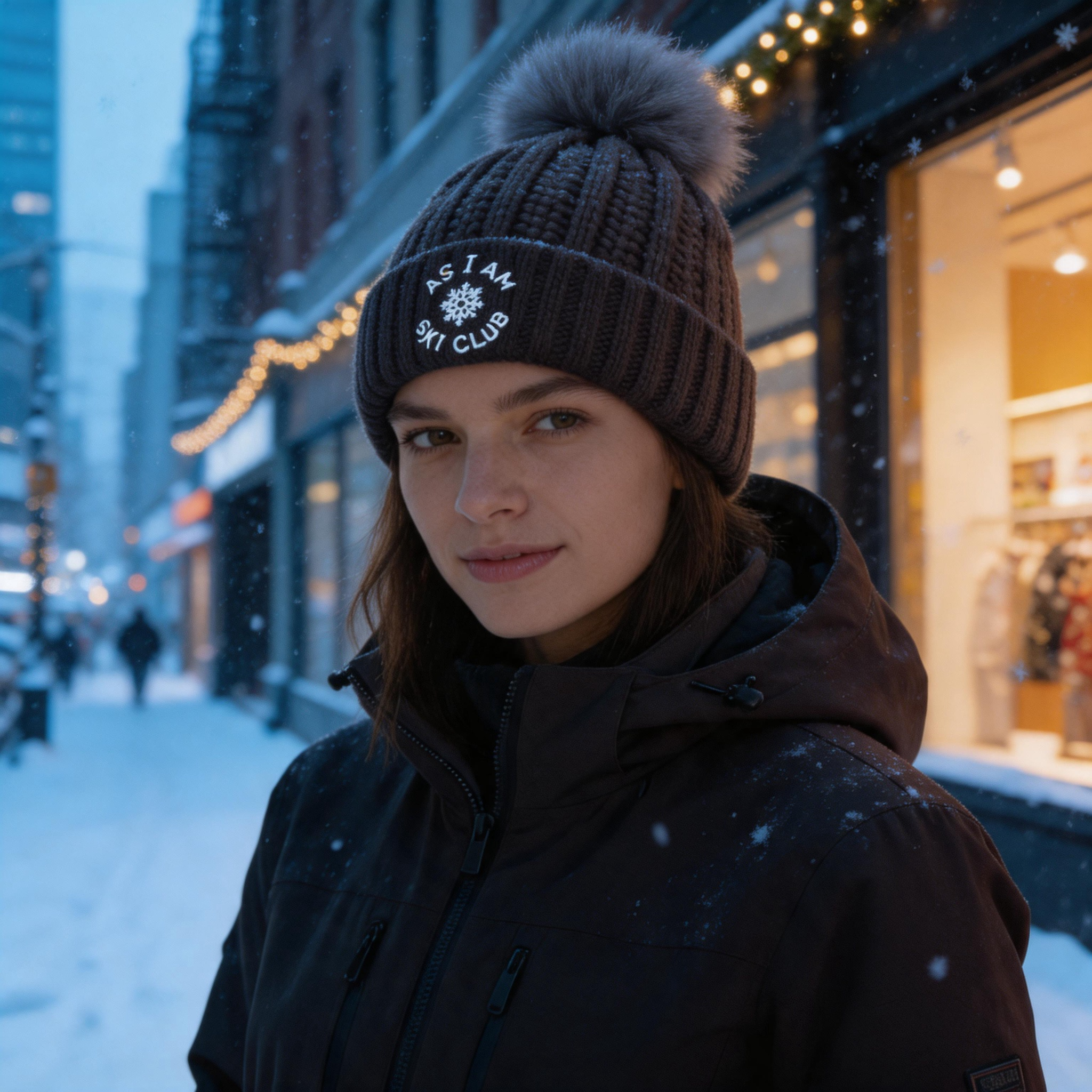 Winter Cable Knit Cuffed Beanie with Faux Fur Pom Pom and Embroidered Ski Club Snowflake Logo – Unisex Warm Ribbed Hat