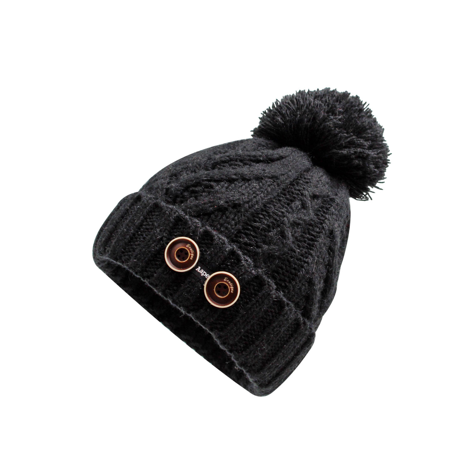 Women’s Cable Knit Cuffed Pom Pom Beanie Hat with Double Button Detail
