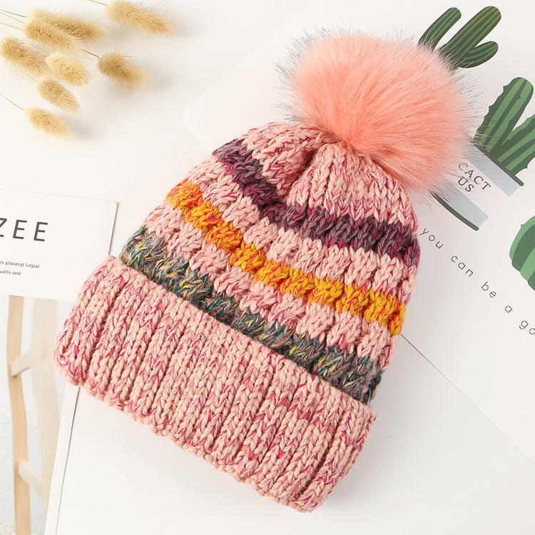 Striped Cable Knit Cuffed Beanie with Faux Fur Pom Pom