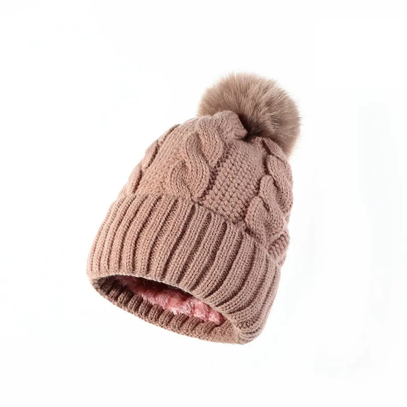 Winter Cable Knit Beanie with Faux Fur Pom Pom