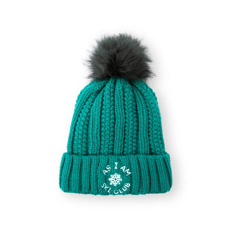 Winter Cable Knit Cuffed Beanie with Faux Fur Pom Pom and Embroidered Ski Club Snowflake Logo – Unisex Warm Ribbed Hat