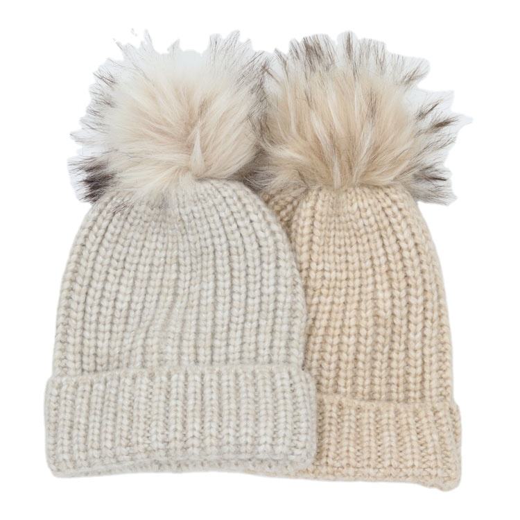Thick Cable Knit Cuffed Beanie with Faux Fur Pom Pom