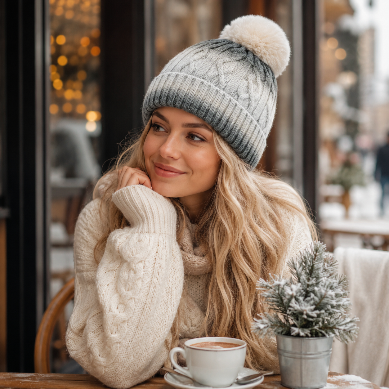 Pastel Gradient Cable Knit Pom Pom Cuffed Beanie