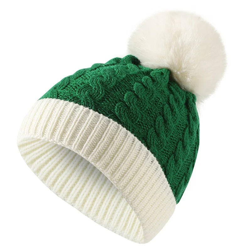 Christmas Color Block Knitted Pom Pom Beanie Hat