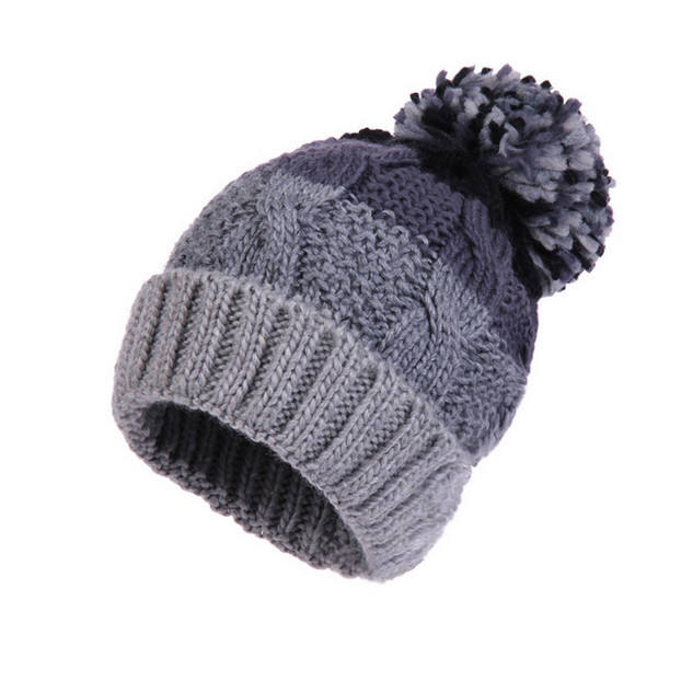 Striped Chunky Cable Knit Cuffed Beanie with Multicolor Pom Pom