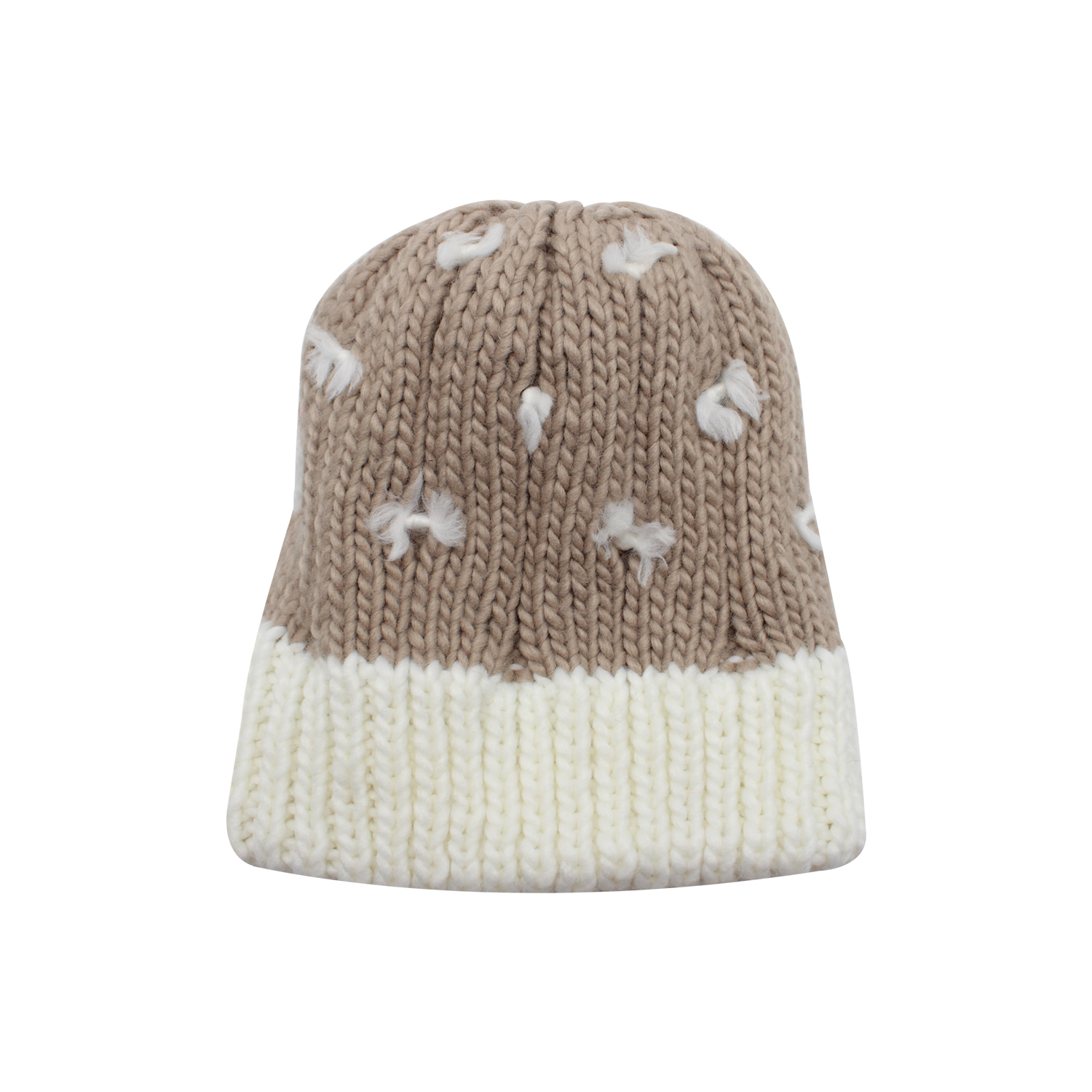 Cable Knit Cuffed Pom Pom Beanie Hat in Beige and Black