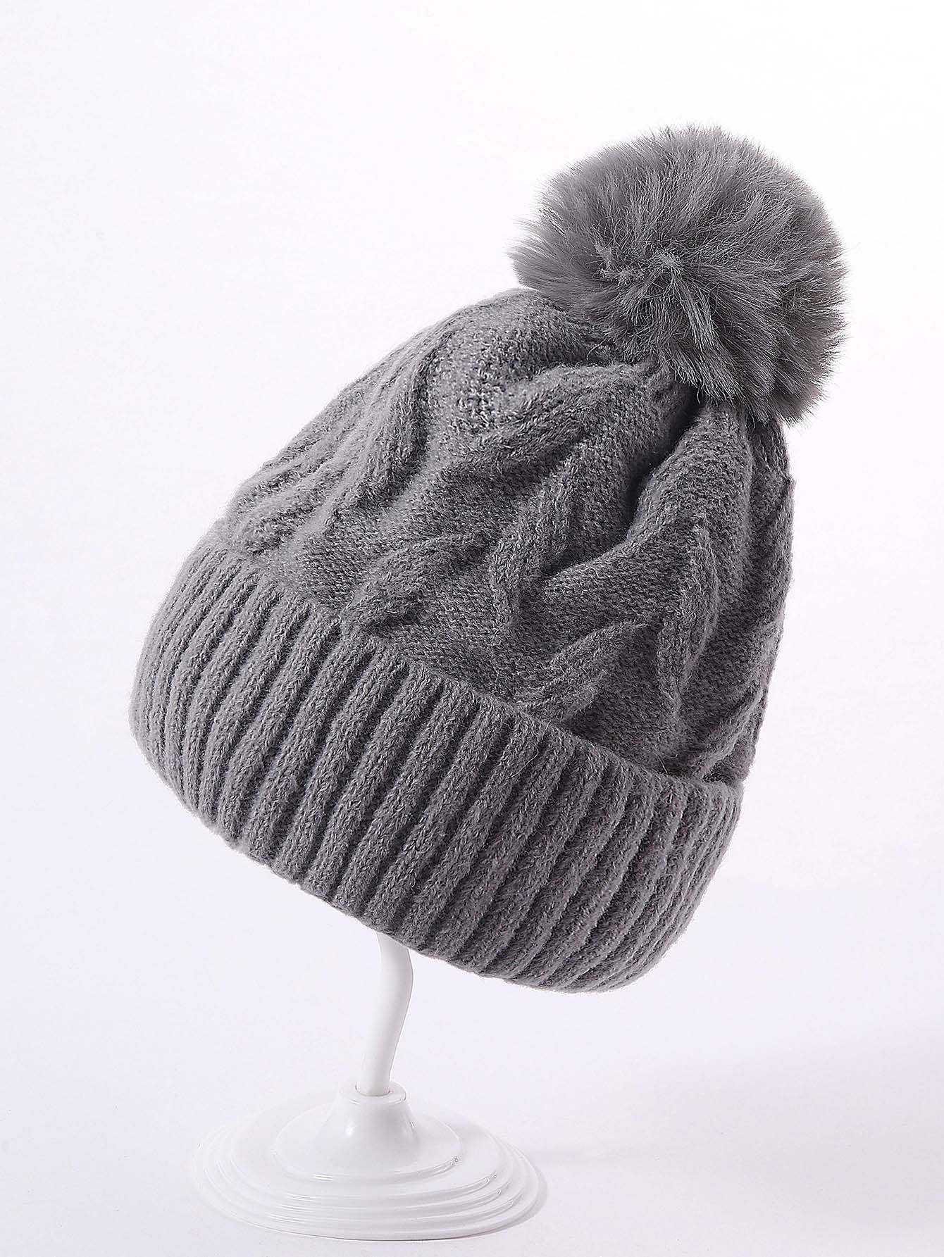 Women's Cable Knit Pom Pom Beanie Winter Warm Cuffed Ribbed Hat in Assorted Colors