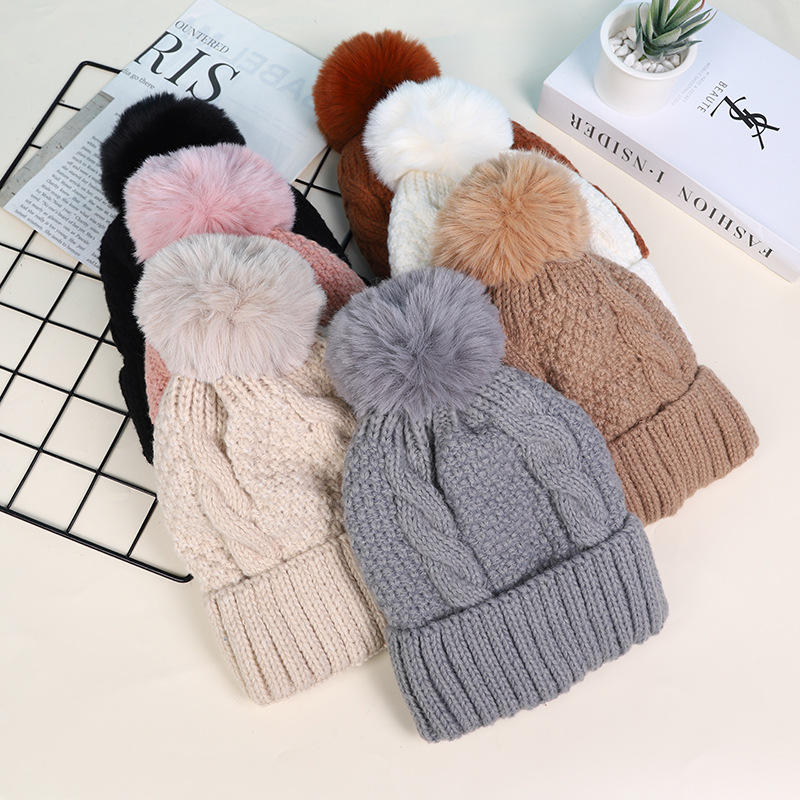 Thick Cable Knit Cuffed Faux Fur Pom Pom Beanie Hat