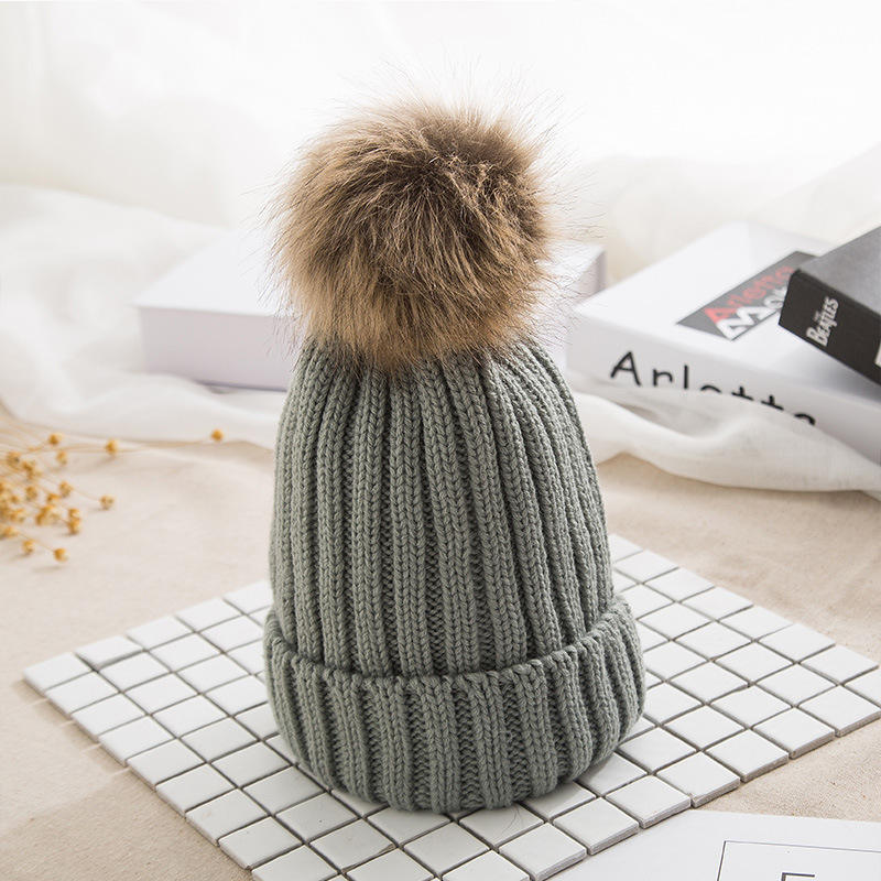 Winter Faux Fur Pom Beanie – Thick Knit Cuffed Warm Hat