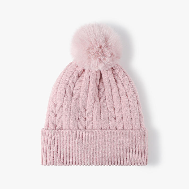 Women Men Winter Cable Knit Beanie Hat with Faux Fur Pom Pom Soft Warm Cuffed Design