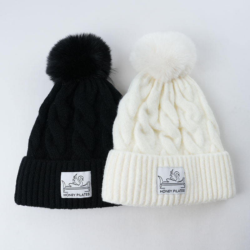 Cable Knit Cuffed Winter Beanie with Faux Fur Pom Pom