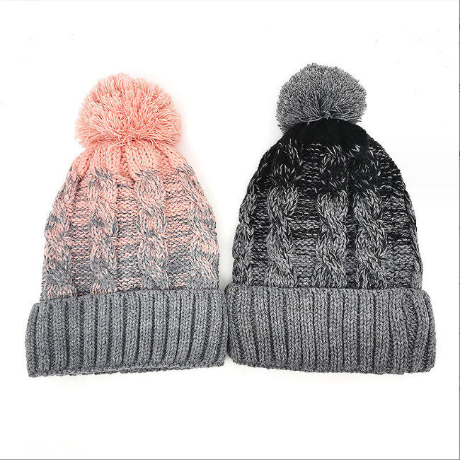 Gradient Cable Knit Pom Pom Beanie with Cuffed Ribbed Hem