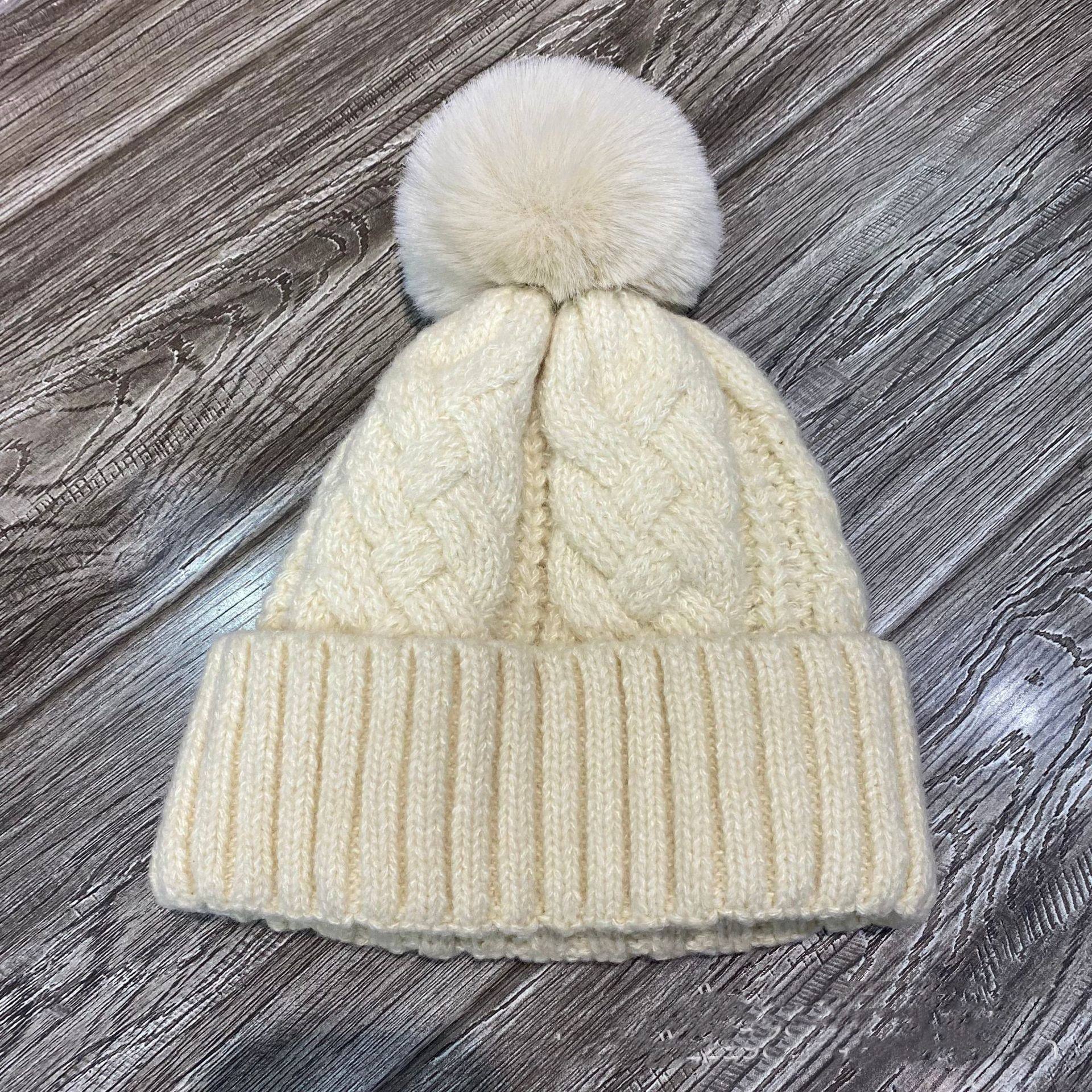 Cable Knit Pom Pom Beanie with Ribbed Fold Cuff – Winter Warm Hat