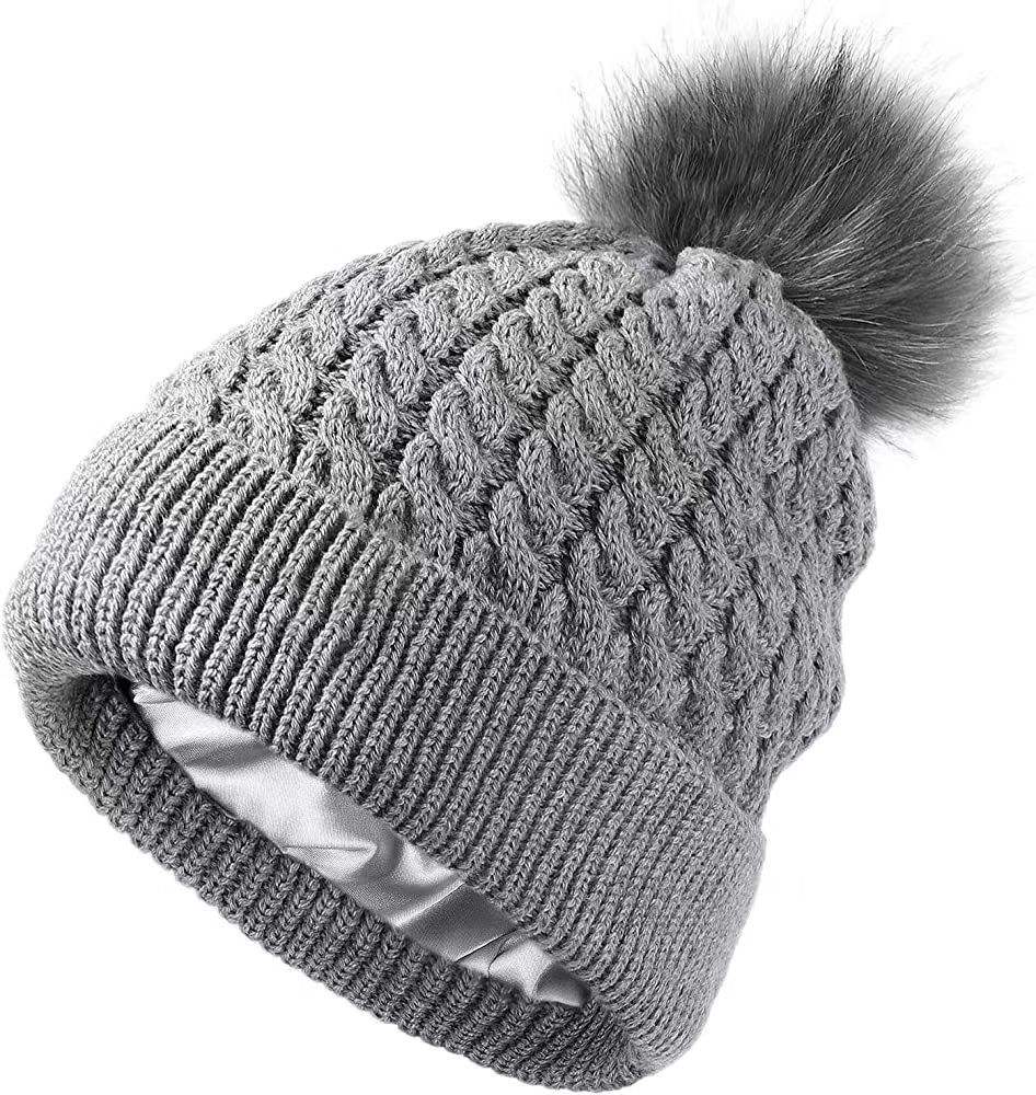 Cable Knit Cuffed Beanie with Faux Fur Pom Pom