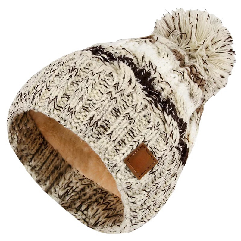 Striped Cable Knit Pom Pom Beanie with Faux Fur Lining
