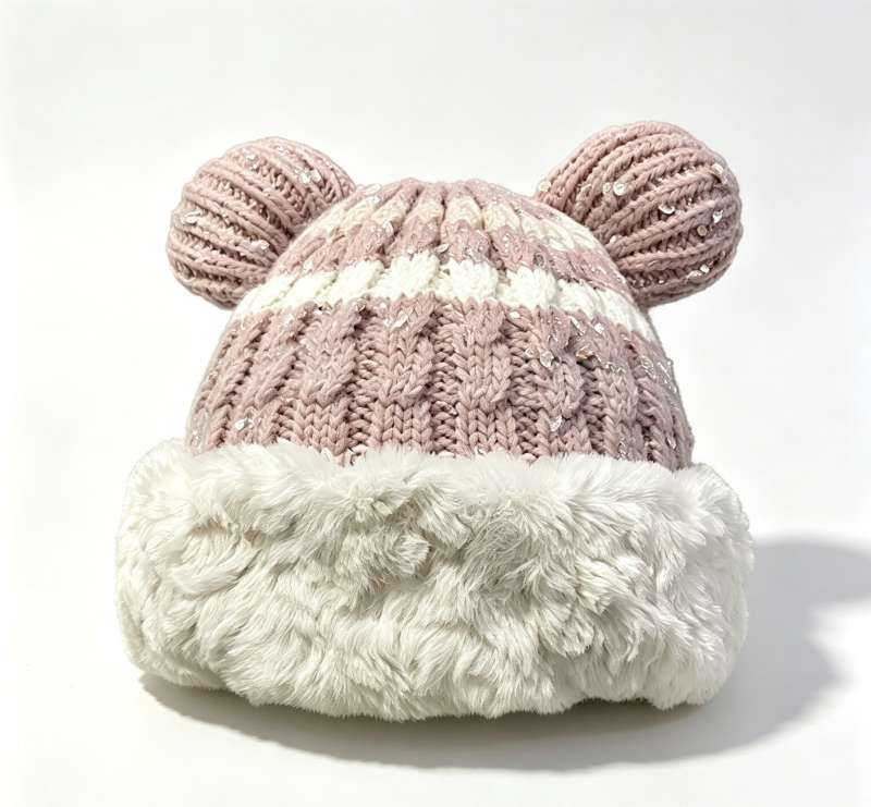 Women's Winter Knitted Beanie Hat with Bear Ear Design and Faux Fur Cuff
