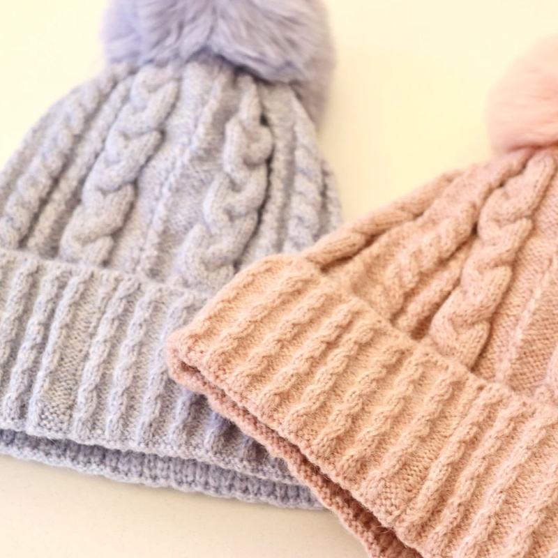 Women's Winter Warm Cable Knit Beanie Hat with Fluffy Faux Fur Pom Pom