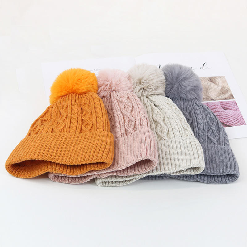 Winter Warm Cable Knit Beanie with Faux Fur Pom Pom