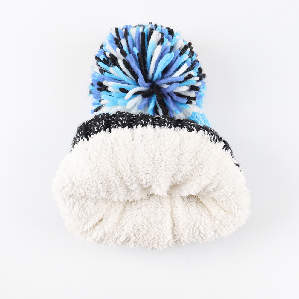 Blue Black Cable Knit Cuffed Pom Pom Beanie with Front Patch